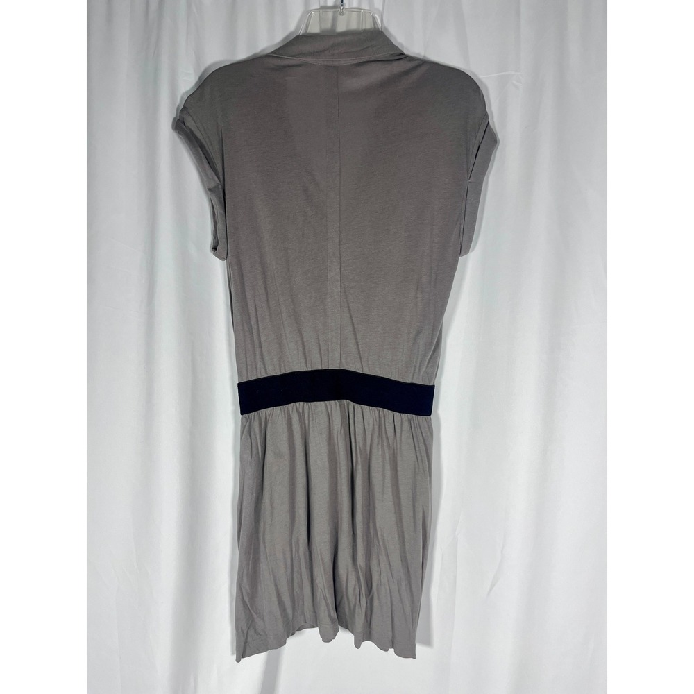 Theory Gray Shirt Dress Sz Small Cotton Modal Mini Dress Black Waistband Pockets - Picture 3 of 7